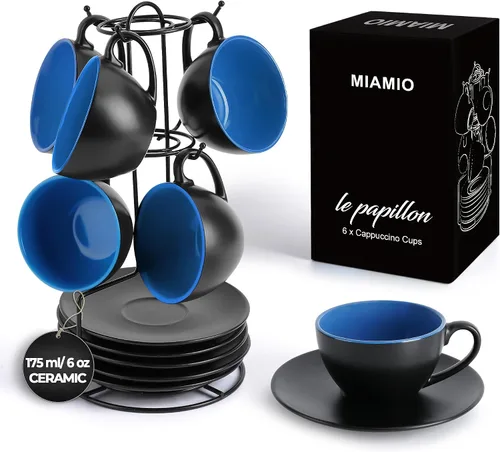 Miniatura 9 de MIAMIO - Juego de 6 tazas de capuchino apilables de cerámica / tazas de capuchino de 6 onzas y platillo con soporte de metal para bebidas de café