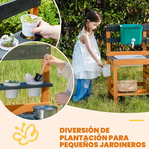 Miniatura 7 de ROBUD Cocina de Barro para Niños al Aire Libre, Cocina de Juego de Madera al Aire Libre, Cocina de Barro para Niños con Fregadero y Grifo