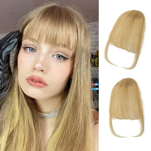 Flequillo con clip de cabello 100 % humano, cortina de adelgazamiento de aire para mujer, plana natural, curvada, delgada, falsa rubio ceniza