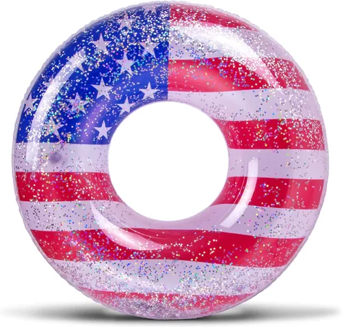 Miniatura 7 de POZA Flotador inflable de piscina de Estados Unidos – Lujosa tumbona divertida llena de confeti de estrellas plateadas brillantes, diseño de bandera