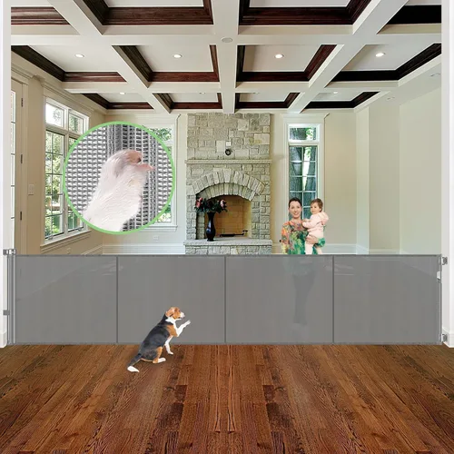 Miniatura 9 de Puerta retráctil reforzada de 96 pulgadas de ancho con varillas de apoyo, puerta retráctil extra larga para perros, puertas exteriores para Negro