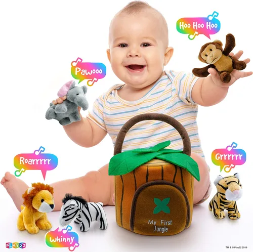 Miniatura 6 de Play22 Juego de 6 piezas de animales de la selva parlantes de felpa con transportador para niños, bebés y niños pequeños, elefante, tigre, león