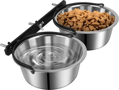Miniatura 11 de Caja de comida y agua para jaula y Cuenco, ShineMe 2 Pack Cuencos colgantes de acero inoxidable para jaulas, perreras, jaulas, Cuencos colgantes