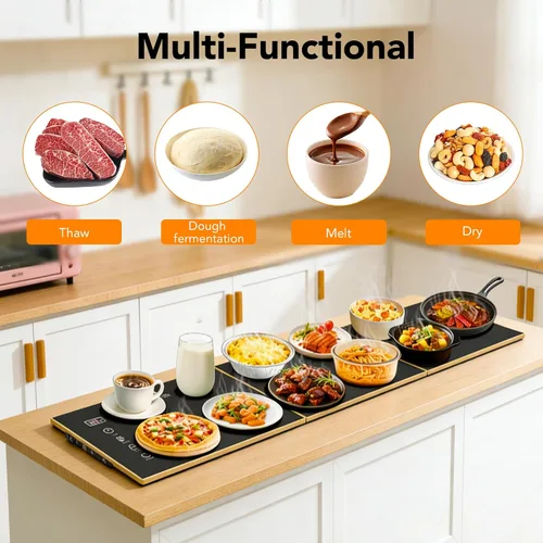 Miniatura 7 de Bandeja de calentamiento eléctrica, superficie de vidrio extra larga de 47 x 12 pulgadas, tapete de calentamiento 3 en 1 para alimentos, con 7
