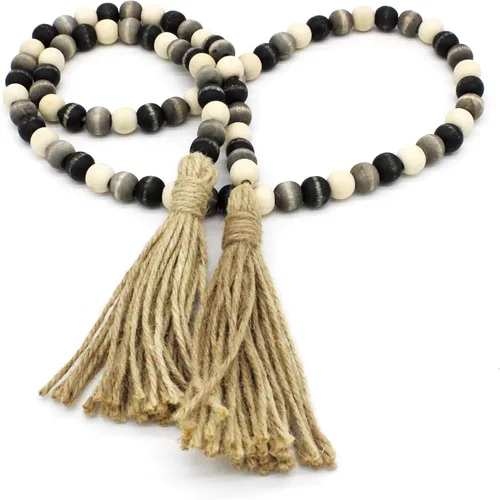 Miniatura 14 de CVHOMEDECO. Guirnalda de cuentas de madera con borlas, diseño rústico de granja, cadena de cuentas de oración para colgar en la pared, acento