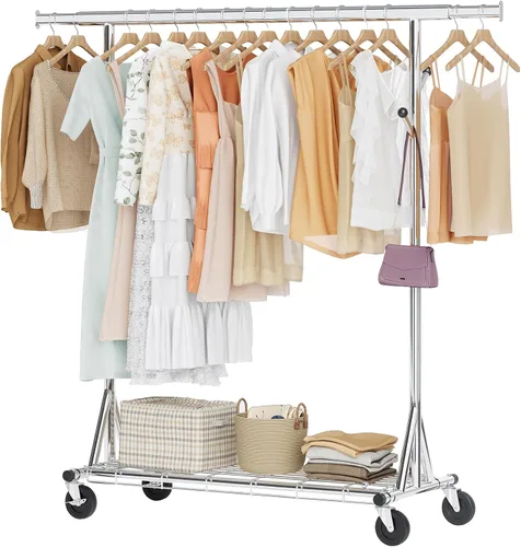 Miniatura 15 de Hoctieon Perchero de doble varilla de montaje en 2 minutos, estante resistente para ropa con ruedas, plegable para uso comercial, barra extensible