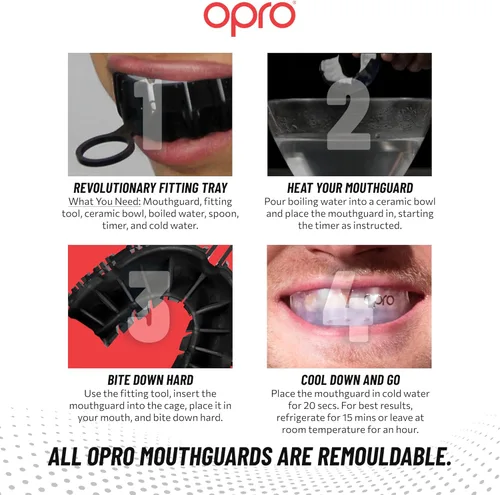 Miniatura 5 de OPRO Protector bucal moldeable de nivel plateado, ajuste esencial (negro/rojo) para niños y jóvenes, protector bucal de boxeo para artes marciales