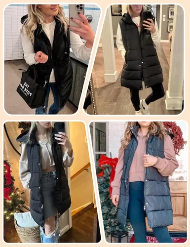 Miniatura 5 de Gihuo Chaleco largo acolchado de invierno para mujer, con capucha, sin mangas, con cremallera, chaleco largo