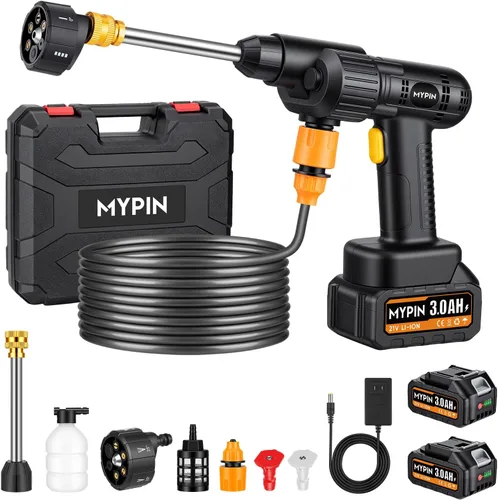 Lavadora a presión inalámbrica portátil, 600 PSI 21 V, dos baterías recargables, lavadora a presión con pantalla de nivel de batería, boquilla 6 en