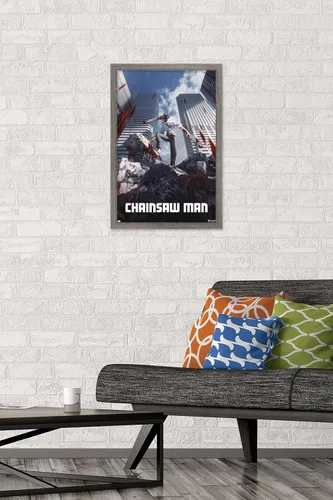 Miniatura 2 de Chainsaw Man - Póster de pared de arte clave, 22.4 pulgadas de largo x 14.7 pulgadas de ancho, versión enmarcada de madera de granero