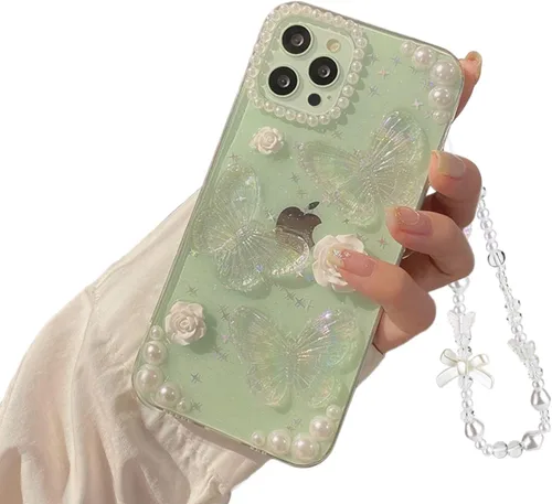 Miniatura 13 de Funda compatible con iPhone 13 Mini 3D, diseño floral de mariposa, transparente con diseño estético, fundas protectoras con purpurina y cristales