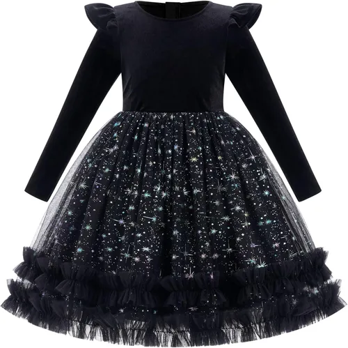 Miniatura 128 de IDOPIP Vestido tutú de terciopelo para niñas pequeñas, vestido de manga larga para princesa, Navidad, cumpleaños, fiesta, boda, vestidos de otoño e