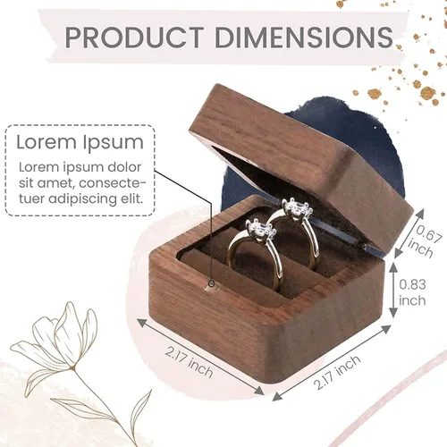 Miniatura 4 de Caja de anillo de madera de compromiso, caja de anillo rústica de doble ranura, caja de almacenamiento de joyas cuadrada de madera maciza, caja