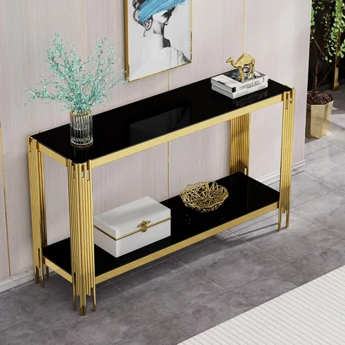 Miniatura 35 de Mesa auxiliar rectangular de vidrio de 48 pulgadas, mesa de centro de 2 niveles con parte superior de vidrio templado negro, patas de acero