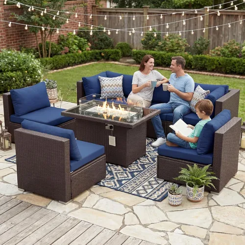 Miniatura 56 de NICESOUL Juego de muebles de patio para exteriores de 7 piezas con mesa para hoguera, gas natural y propano convertible, respaldo alto de 29.3