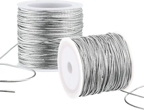 2 rollos de cordones elásticos metálicos, cinta metálica de oropel para hacer manualidades, envoltura de regalos, 0.039 in, 55 yardas Plata