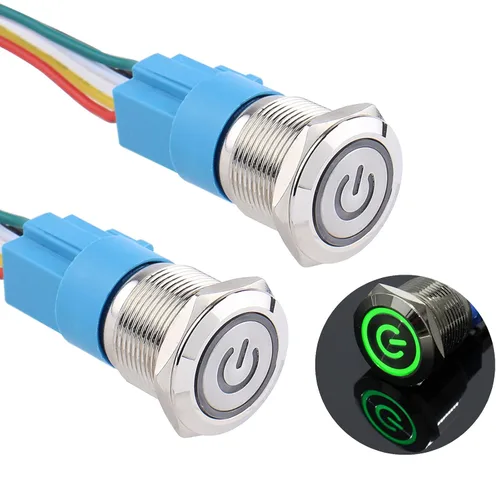 Miniatura 8 de 2 piezas de interruptor de botón de metal de cierre de 16 mm, 12V-24V, encendido/apagado, 1NO 1NC, impermeable, autoblocante, carcasa plateada