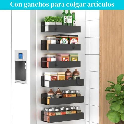 Miniatura 2 de HuggieGems Paquete de 6 organizadores magnéticos de almacenamiento de especias para refrigerador y horno, organizadores negros para nevera