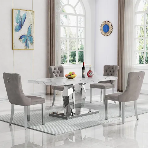 Miniatura 74 de Moderno juego de mesa de comedor de mármol sintético de 68.11 pulgadas para 6, mesa de comedor de mármol blanco y plateado con 6 sillas de Blanco