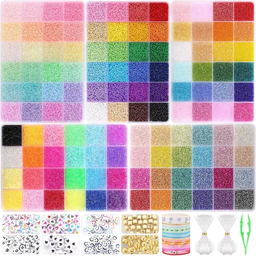 Funtopia 61000 piezas de 2 mm de cuentas de semillas para hacer joyas, 5 tipos de 120 colores de cuentas de vidrio pequeñas para pulseras, kit de