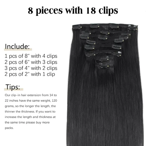 Miniatura 4 de ABH AMAZINGBEAUTY HAIR Extensiones de cabello humano negro con clip, 8 piezas de extensiones de volumen con clip, 4.23 onzas, sedoso, lacio, suave