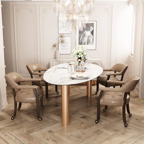 Miniatura 72 de Juego de 8 sillas de cuero de comedor con ruedas y brazos, silla de capitán Accent con ruedas, sillas de madera con ruedas enrollables para cocina