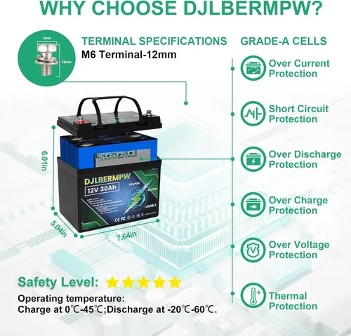 Miniatura 3 de Batería de litio de 12V 30Ah, baterías LiFePO4 de 12V, potencia de carga de 384W, batería de ciclo profundo de iones de litio y fosfato de hierro