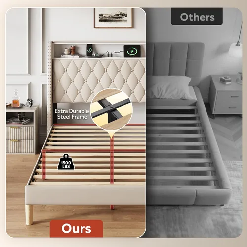 Miniatura 5 de WLIVE Base de cama tapizada de tamaño matrimonial con cabecera de ala de 48 pulgadas de alto, cama cuadrada de terciopelo con estación de carga