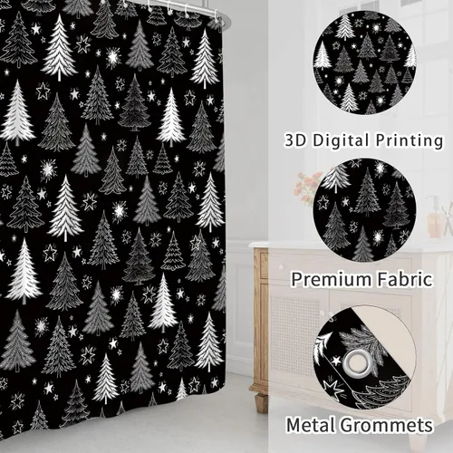 Miniatura 5 de Cortina de ducha con diseño de árbol de Navidad, color negro y blanco, diseño de árbol de Navidad retro, copo de nieve, diseño de pino de Año Nuevo