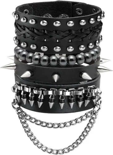 Eigso Pulseras de cuero punk con tachuelas para hombres y mujeres, estilo clásico retro de los años 80, remaches, pulseras para hombre y mujer