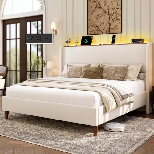 LARMACE Base de cama tamaño Queen con luces LED y estación de carga, base de cama de plataforma tapizada de lino con cabecera de 51.2 pulgadas de