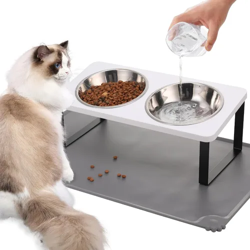 Miniatura 10 de Cuencos elevados mejorados para gatos con alfombrilla para comida, soporte inclinado a 15° anti-vómito, cuencos elevados para gatos para comida
