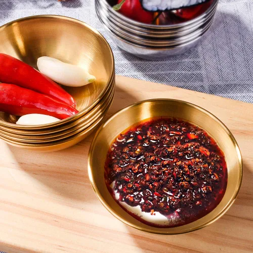 Miniatura 2 de Juego de 6 platos de salsa de soja de acero inoxidable, cuencos redondos dorados para sushi, albóndigas y olla caliente, platos de condimentos