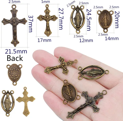 Miniatura 3 de 40 piezas de 4 estilos de cruz y centro de rosario de aleación tibetana María milagrosa medalla Jesús Crucifijo Crucifijo y eslabones ovalados