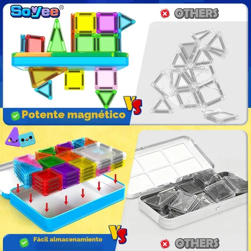 Miniatura 7 de Soyee Mini azulejos magnéticos de viaje, 60 piezas con estuche de lata de metal, juguetes esenciales de viaje, juguetes de viaje para niños