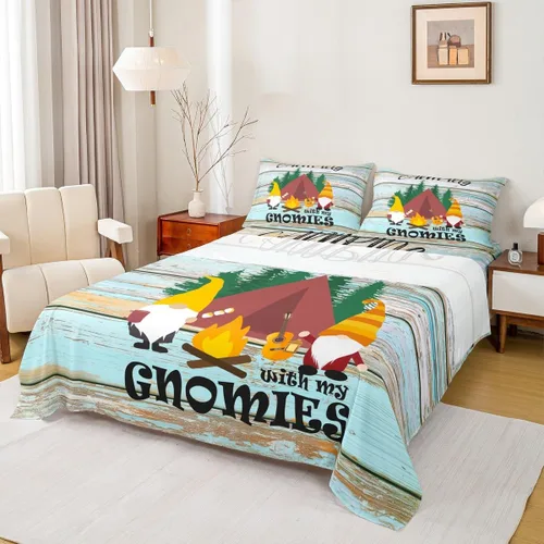 Miniatura 3 de Sábanas de campamento para niños, tamaño individual, sábanas de gnomos kawaii para niños y niñas, juego de ropa de cama vintage de madera de granja