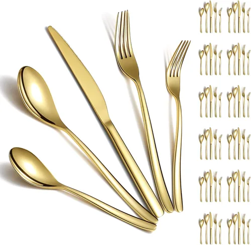 Berglander - Juego de cubiertos de oro de 60 piezas, servicio para 12, juego de cubiertos de acero inoxidable con chapado en titanio dorado, juego