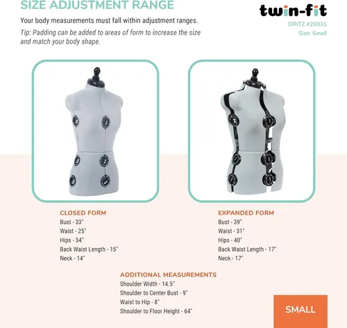 Miniatura 3 de Dritz Forma de vestido ajustable de doble ajuste, tallas pequeñas de EE. UU. 4-10, maniquí de ropa femenina para coser, ajustar y drapear, maniquí