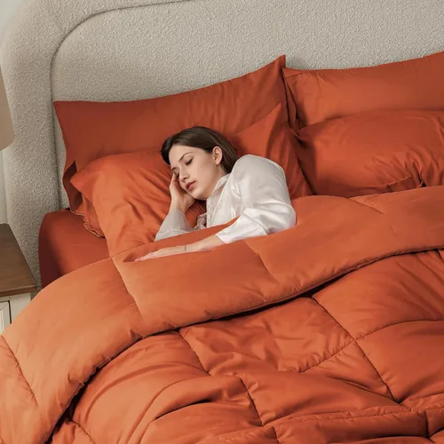 Miniatura 3 de Anluoer - Juego de cama tamaño Full en una bolsa, 7 piezas, juego de edredón color naranja quemado con sábanas, juego de ropa de cama para todas