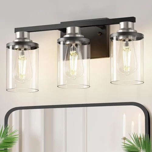Miniatura 57 de DORESshop Lámparas de baño, 3 luces negras y doradas para baño sobre espejo con pantalla de vidrio transparente, luces de tocador para baño, Negro