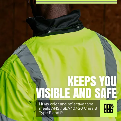 Miniatura 3 de Pioneer Hi Vis Work Jacket for Men - Waterproof Safety Bomber with Reflective Tape- Meets ANSI Class 3 - Winter Rain Jacket with Detachable Hood