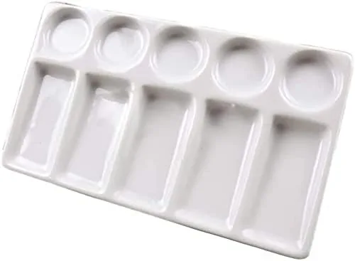 Bandeja de paleta de acuarela de 10 pozos rectángulo blanco de cerámica para artista, paleta de pintura de acuarela de porcelana para acuarela