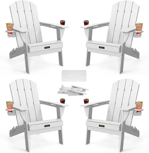 Miniatura 26 de Silla Adirondack Plegable, Sillas Adirondack de Plástico con Textura de Madera con 2 Portavasos, Silla para Hoguera de HDPE Resistente a