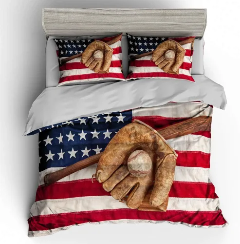 Miniatura 3 de Juego de ropa de cama de béisbol para niños, juego de edredón de bandera estadounidense con temática deportiva, tamaño individual, decoración