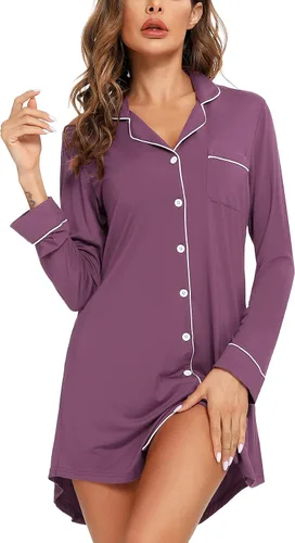 Miniatura 69 de Samring Camisón de pijama para mujer, manga corta/larga, con botones, camisón para dormir, camisón para novio, talla XXL