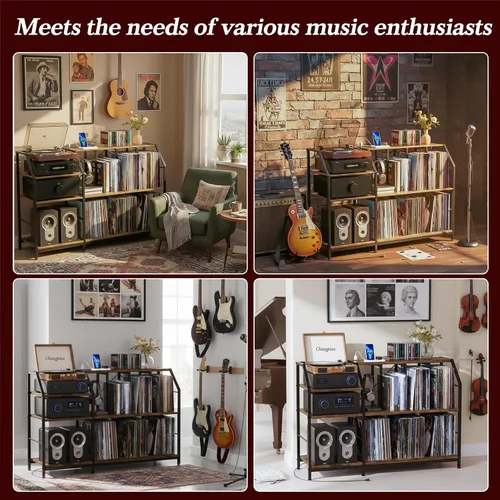 Miniatura 8 de Faesun Soporte grande para tocadiscos de 51.7 pulgadas con almacenamiento de discos de vinilo y tomas de corriente, gabinete de almacenamiento