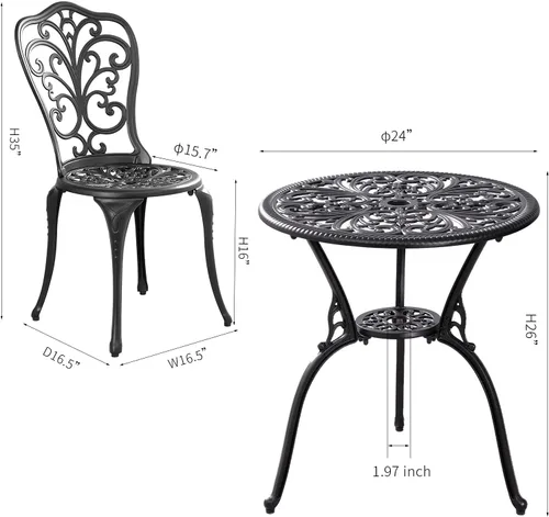 Miniatura 6 de Juego de Bistró para Exteriores de 3 Piezas, Mesa de Bistró de Aluminio Fundido y Juego de Sillas de 2, Juego de Mesa de Patio Pequeña para Porche