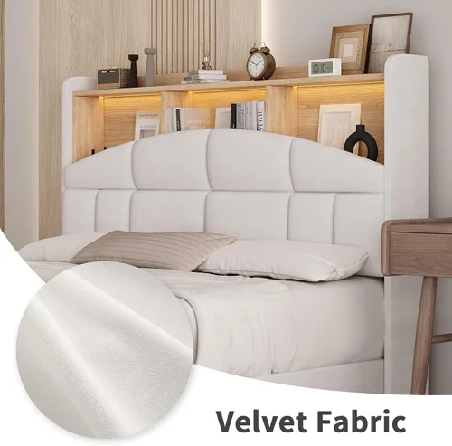 Miniatura 4 de REVOMINCA Base de cama de tamaño matrimonial con cabecero, base de cama tapizada de terciopelo con luces LED, plataforma de tamaño matrimonial