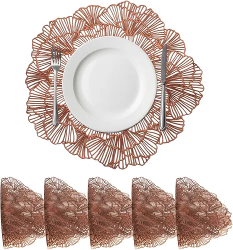 Miniatura 7 de uxcell Juego de 4 manteles individuales redondos de flores rojas para mesas de cena, manteles individuales metálicos de polivinilo prensado