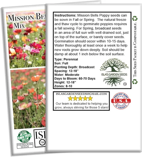 Miniatura 7 de Mission Bells - Mezcla de semillas de amapola (Eschscholzia californica) - 1500 semillas tradicionales sin OMG, vibrantes flores semi-dobles